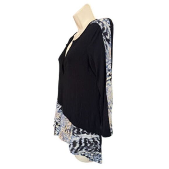 Cable & Gauge Black Sheer Mesh Tiered Front 3/4 Sleeve High Low Top Size S - Picture 3 of 11